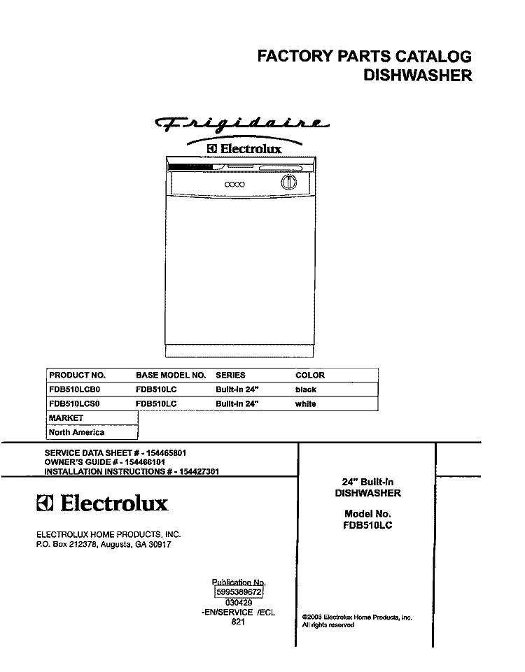 COVER Diagram and Parts List for FDB510LCB0  Frigidaire Dishwasher