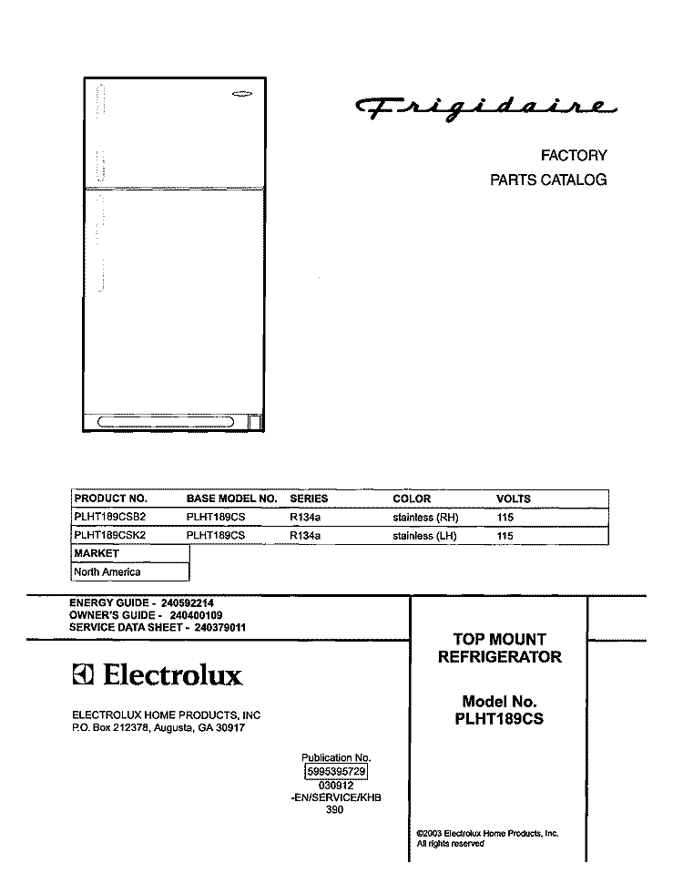 COVER Diagram and Parts List for PLHT189CSB2  Frigidaire Refrigerator