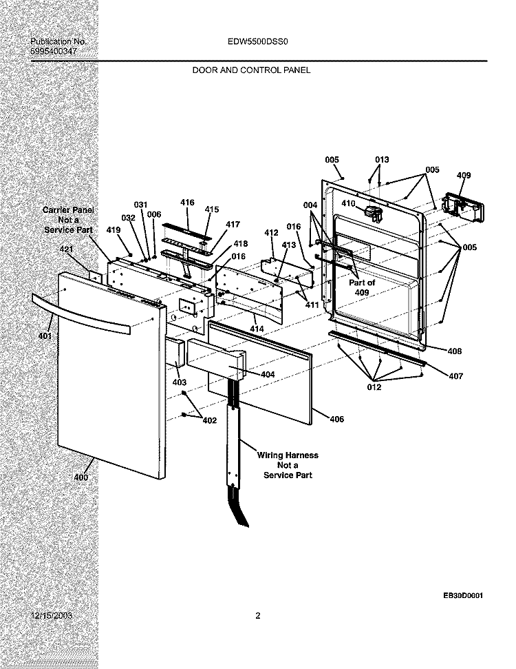 DOOR AND CONTROL PANEL Diagram and Parts List for EDW5500DSS0  Electrolux Dishwasher