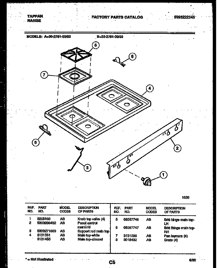 COOKTOP PARTS Diagram and Parts List for 30-2761-23-02  Tappan Range