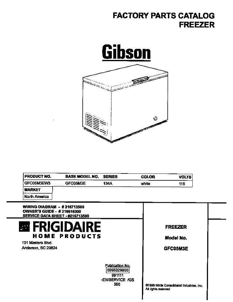 COVER Diagram and Parts List for GFC05M3EW3  Gibson Freezer