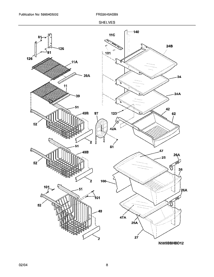 SHELVES Diagram and Parts List for FRS26H5ASB9  Frigidaire Refrigerator