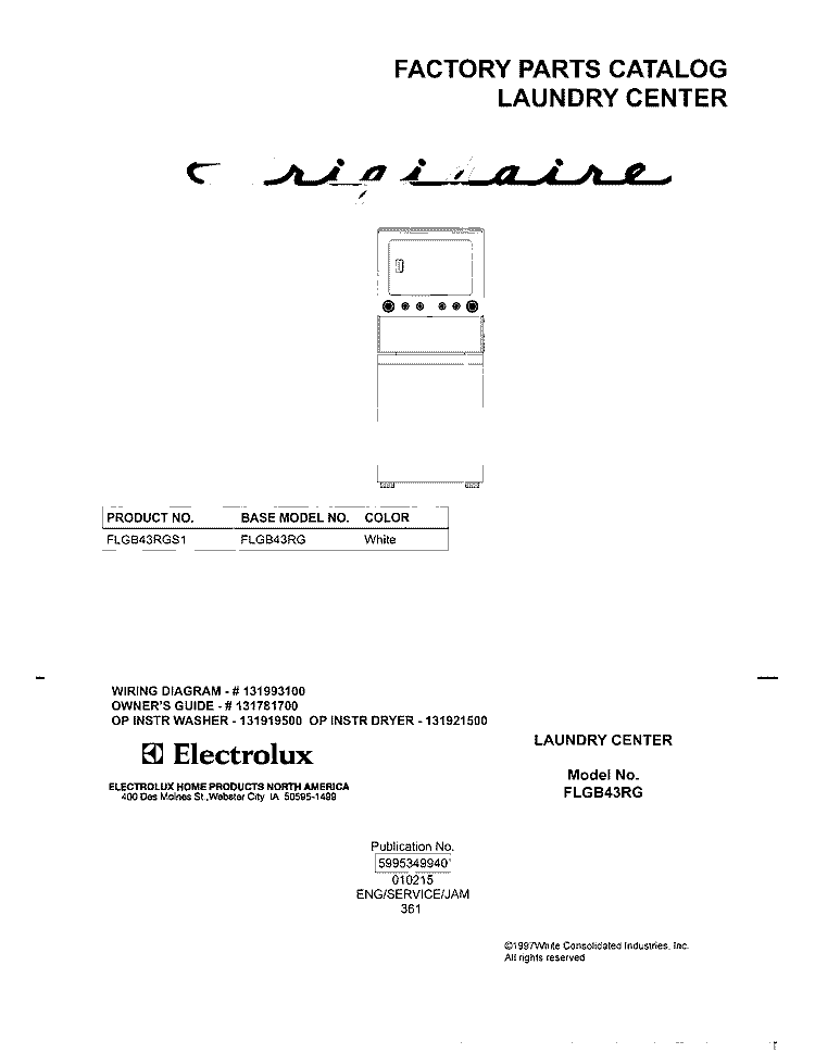 COVER Diagram and Parts List for FLGB43RGS1  Frigidaire Washer Dryer Combo