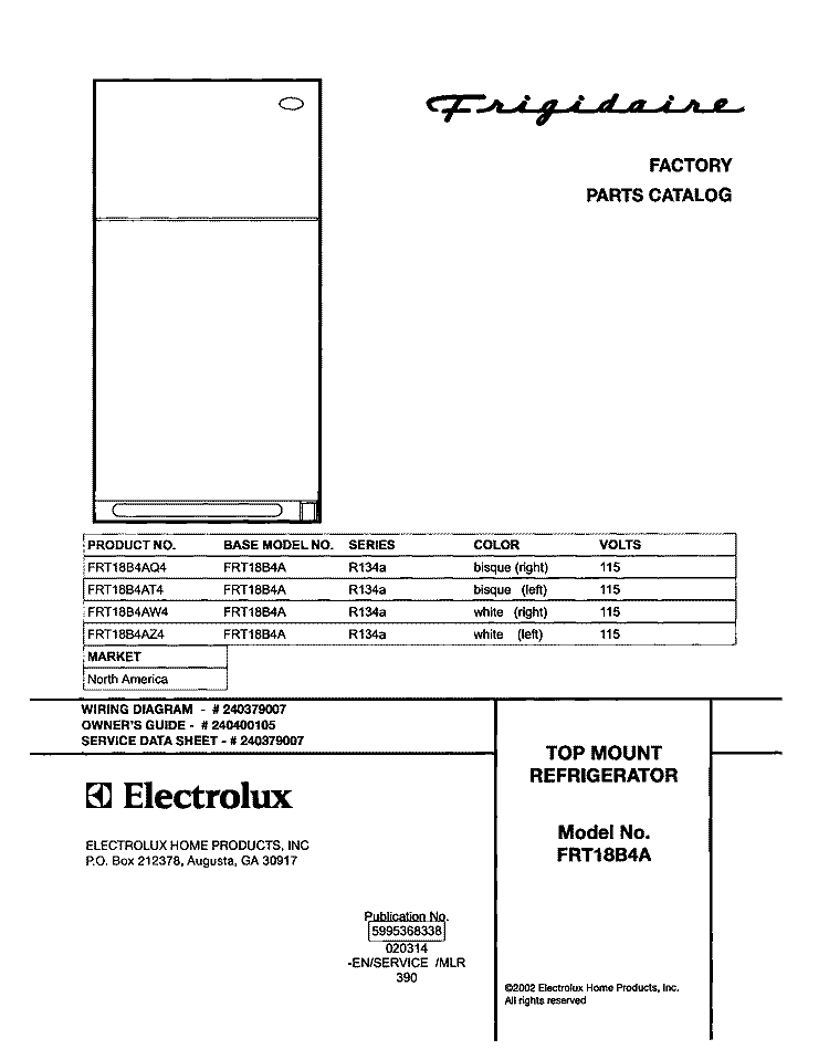 COVER Diagram and Parts List for FRT18B4AT4  Frigidaire Refrigerator