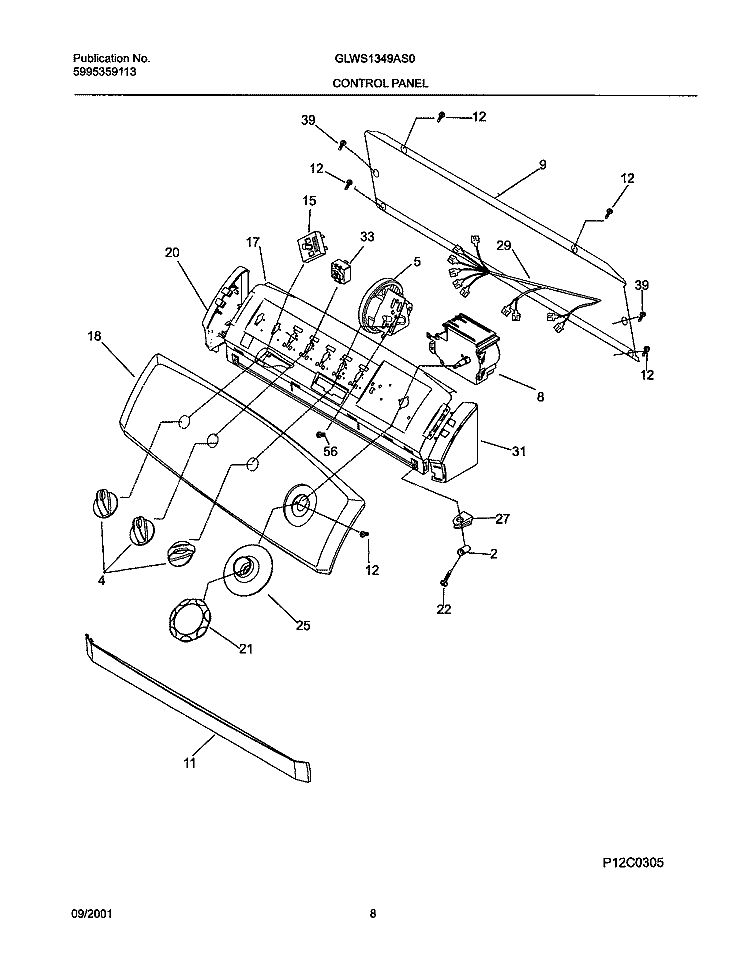 CONTROL PANEL Diagram and Parts List for GLWS1349AS0  Frigidaire Washer