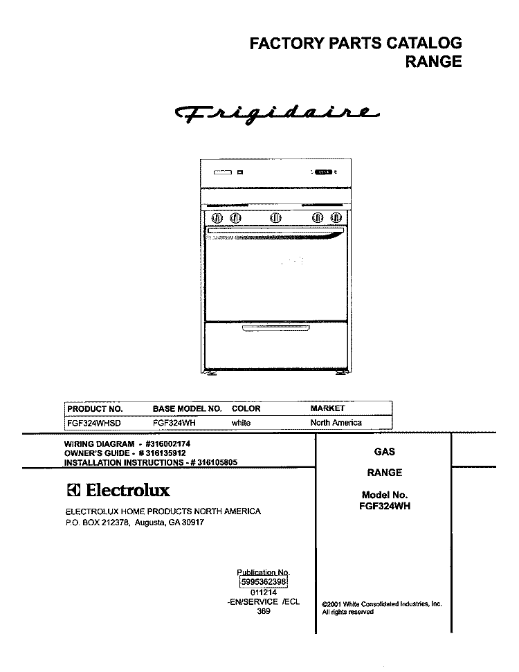 COVER Diagram and Parts List for FGF324WHSD  Frigidaire Range