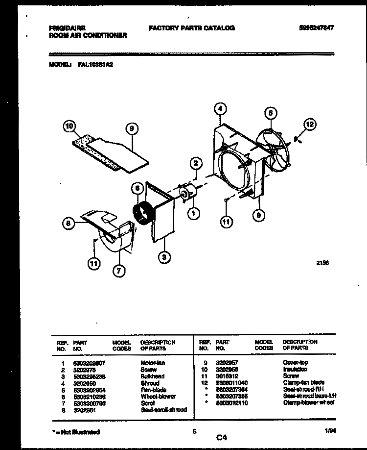 AIR HANDLING PARTS Diagram and Parts List for FAL103S1A2  Frigidaire Air Conditioner