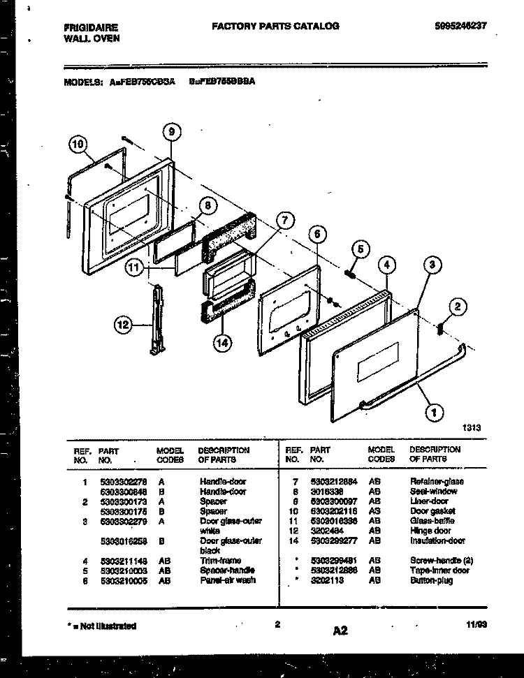 DOOR PARTS Diagram and Parts List for FEB755BBBA  Frigidaire Wall Oven