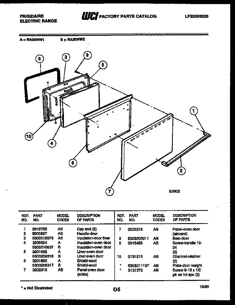 DOOR PARTS Diagram and Parts List for RA30NL2  Frigidaire Range