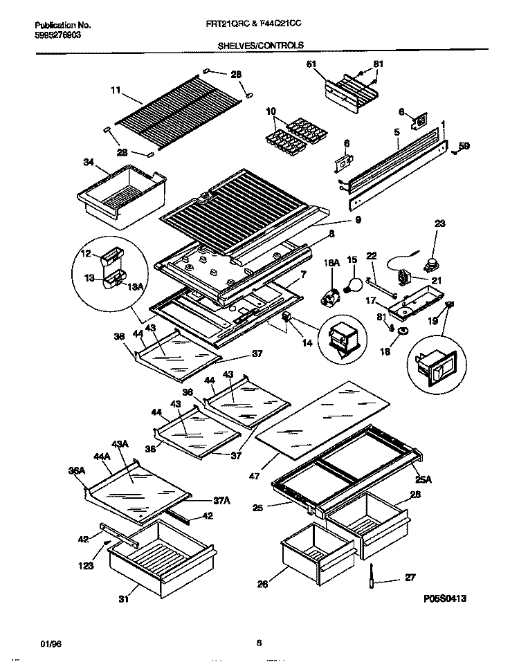 SHELVES / CONTROLS Diagram and Parts List for F44Q21CCD1  Frigidaire Refrigerator