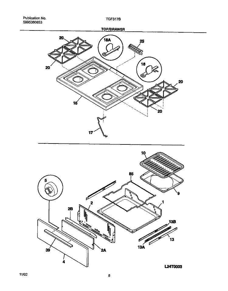 TOP / DRAWER Diagram and Parts List for TGF317BUA  Tappan Range