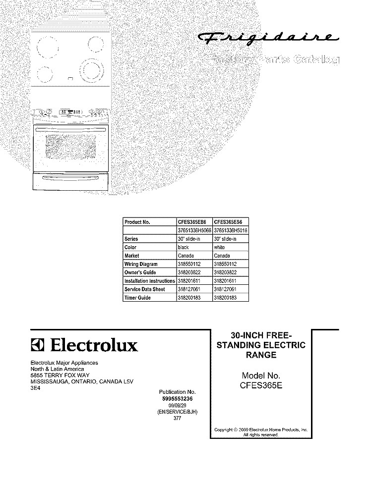 COVER Diagram and Parts List for CFES365ES6  Frigidaire Range