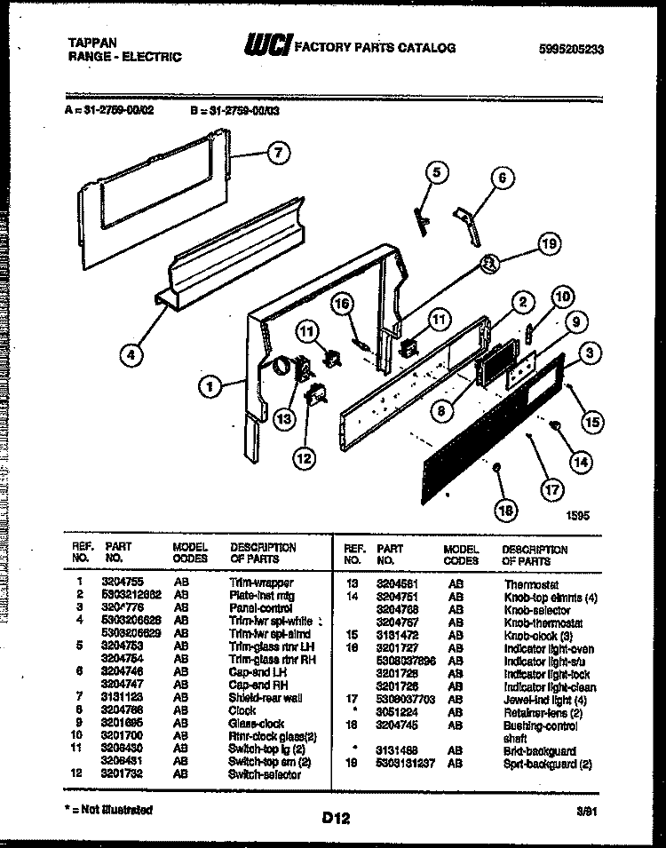 BACKGUARD Diagram and Parts List for 31-2759-00-03  Tappan Range