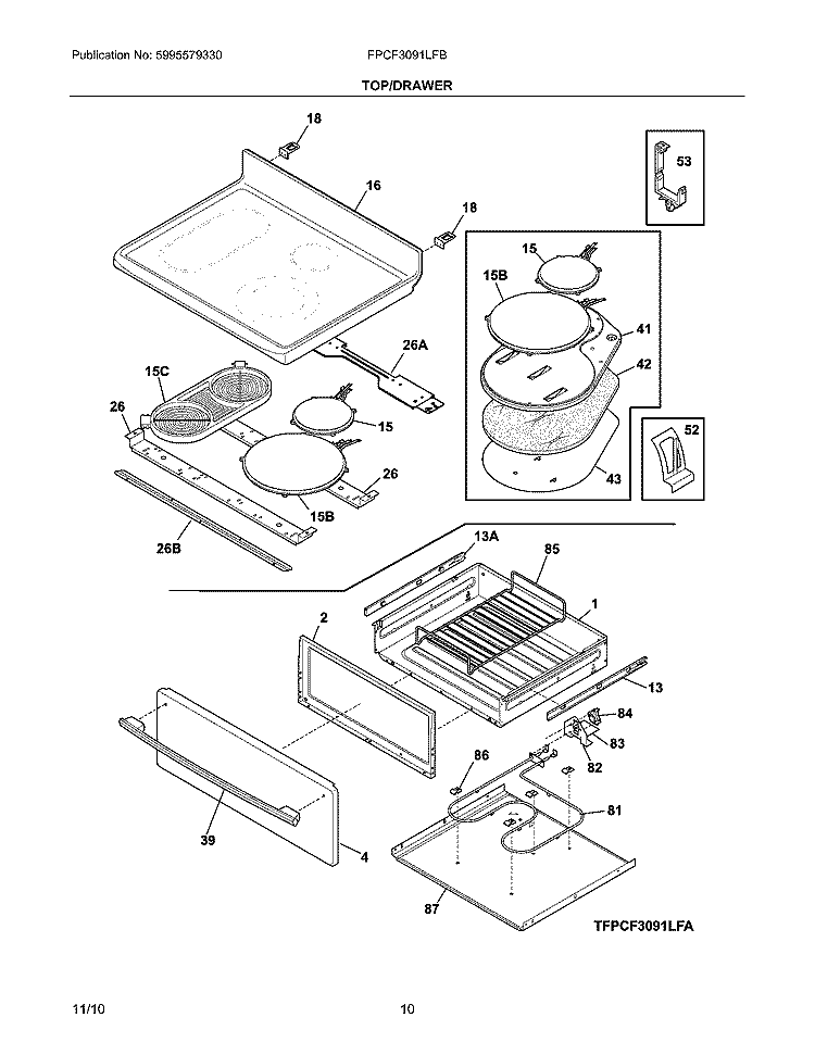 TOP/DRAWER Diagram and Parts List for FPCF3091LFB  Frigidaire Range