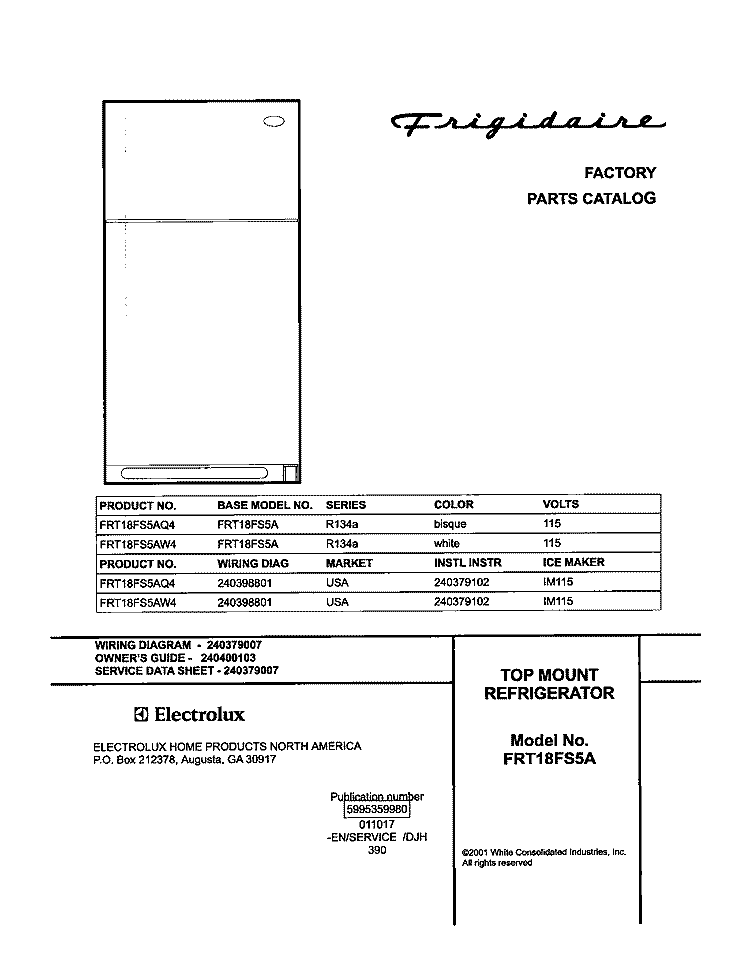 COVER Diagram and Parts List for FRT18FS5AW4  Frigidaire Refrigerator