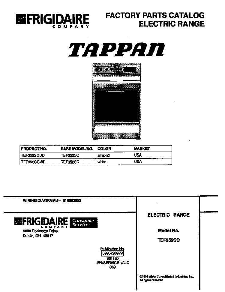 COVER Diagram and Parts List for TEF352SCWD  Tappan Range