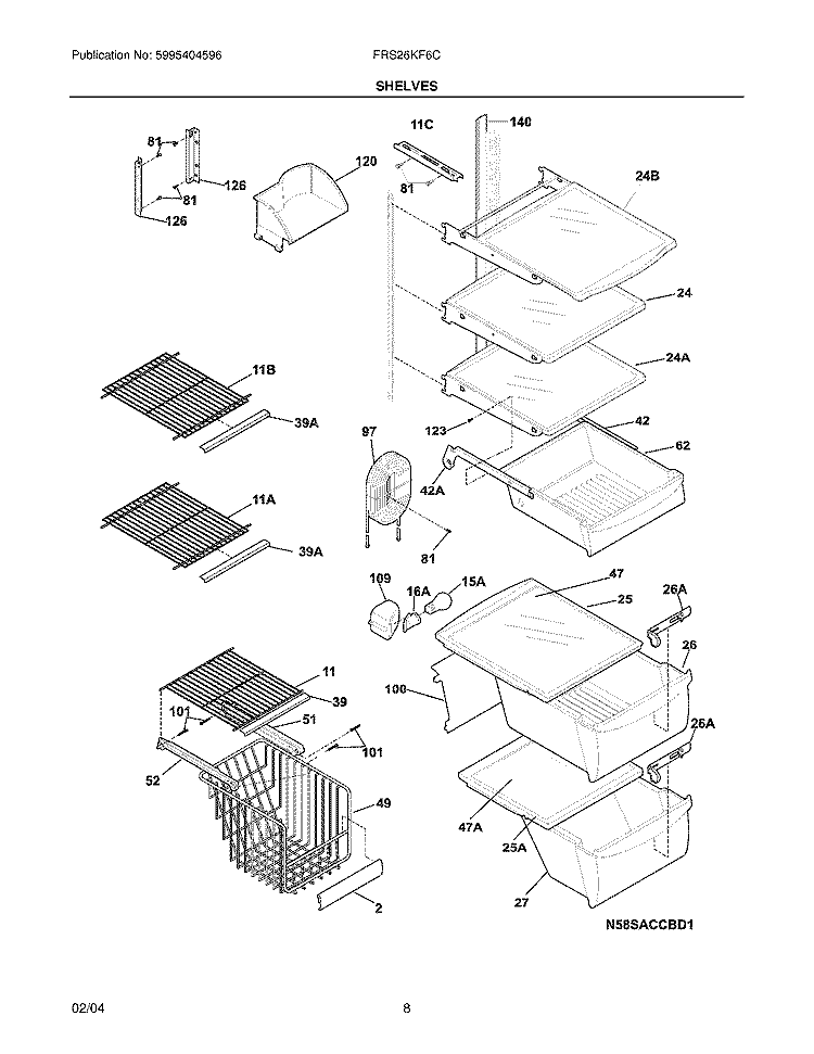 SHELVES Diagram and Parts List for FRS26KF6CW4  Frigidaire Refrigerator