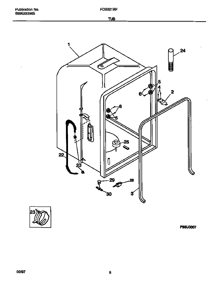 TUB Diagram and Parts List for FDB221RFR2  Frigidaire Dishwasher