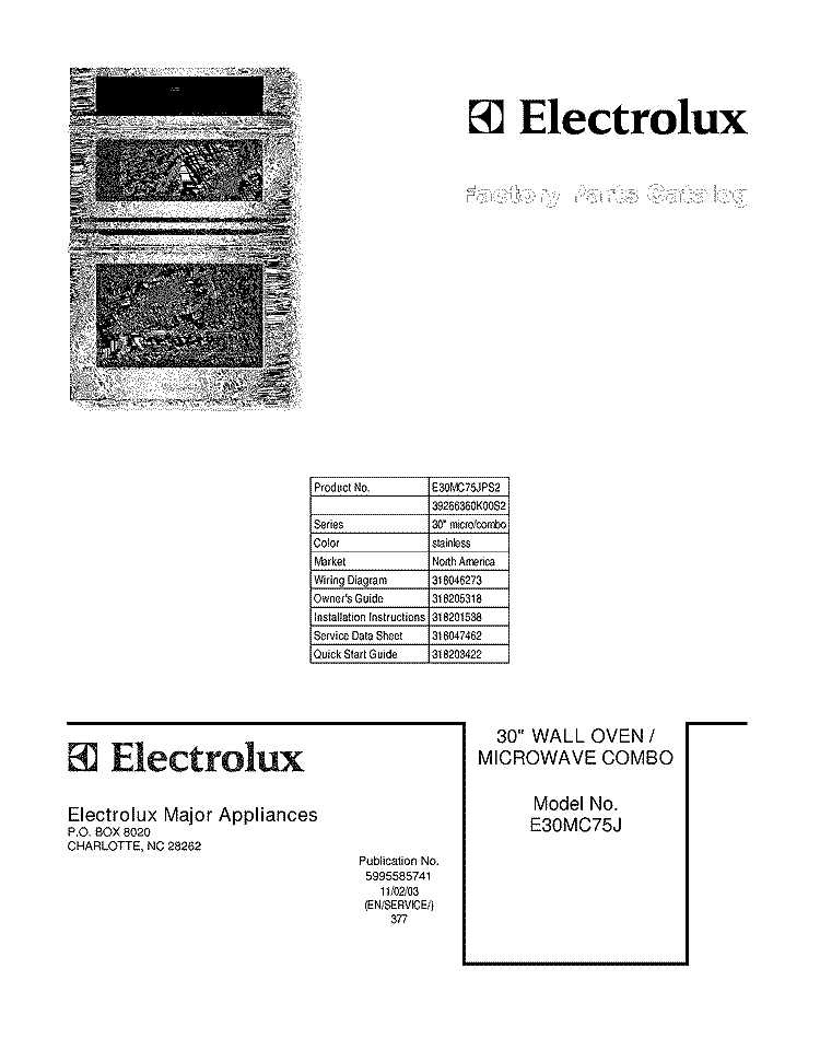 COVER Diagram and Parts List for E30MC75JPS2  Electrolux Microwave Oven Combo