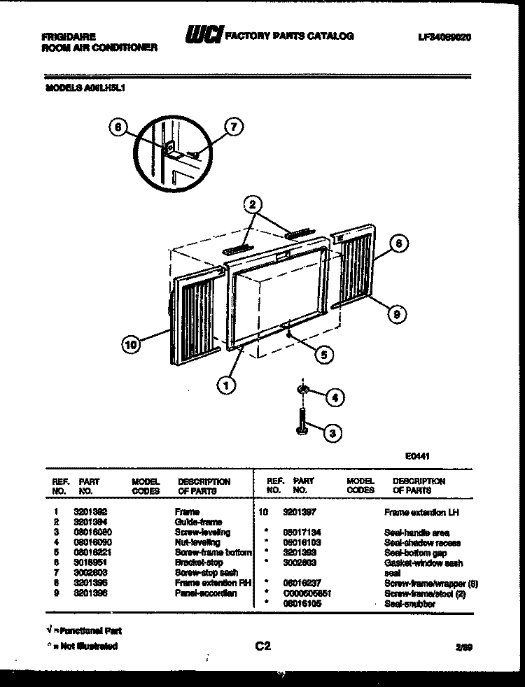 WINDOW MOUNTING PARTS Diagram and Parts List for A08LH5L1  Frigidaire Air Conditioner