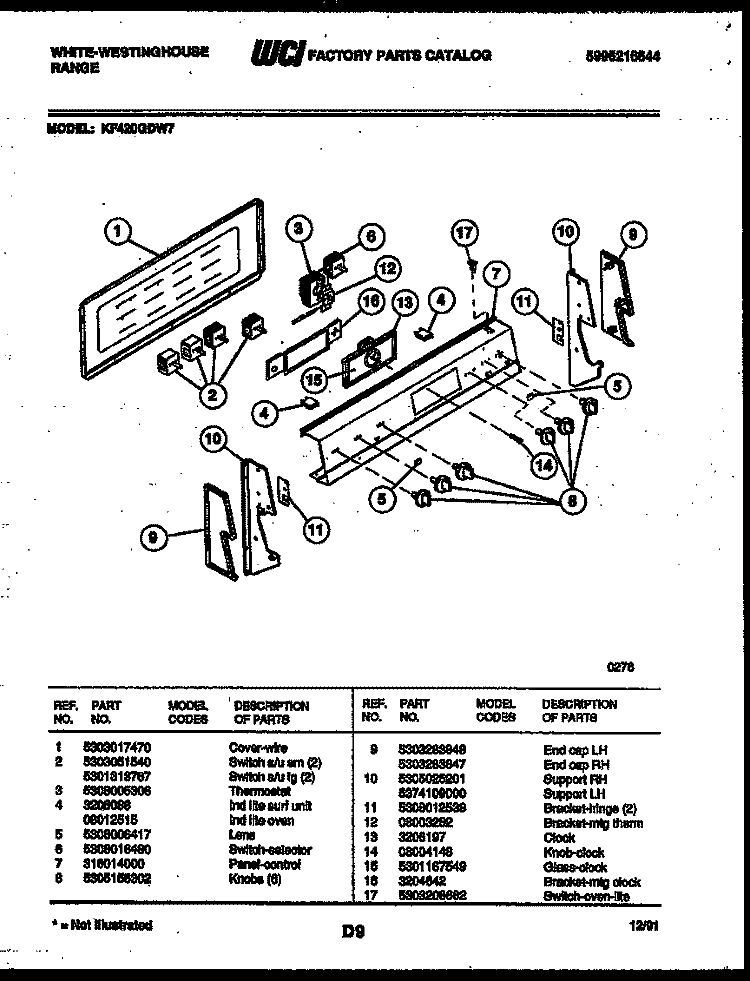CONTROL PANEL Diagram and Parts List for KF420GDD7  Frigidaire Range