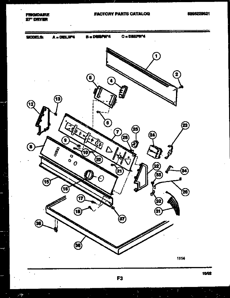 CONSOLE AND CONTROL PARTS Diagram and Parts List for DEISFW4  Frigidaire Dryer