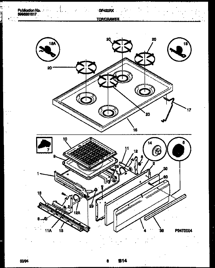 COOKTOP AND BROILER DRAWER PARTS Diagram and Parts List for GF420RXW3  Frigidaire Range