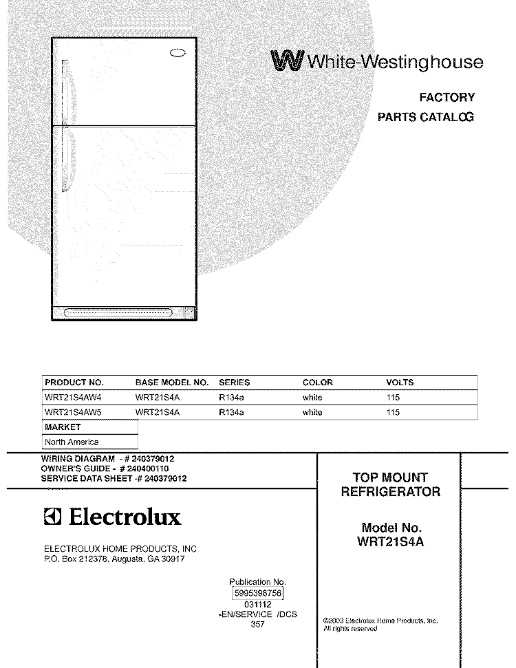 COVER Diagram and Parts List for WRT21S4AW5  Westinghouse Refrigerator