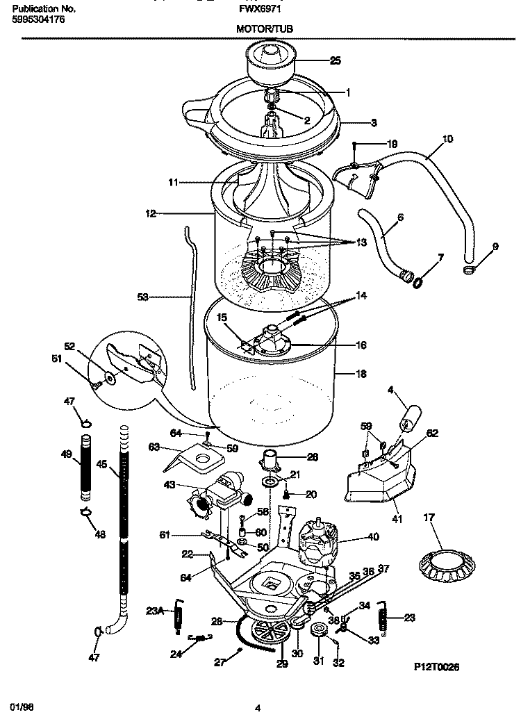 MOTOR / TUB Diagram and Parts List for FWX6971EW2  Frigidaire Washer