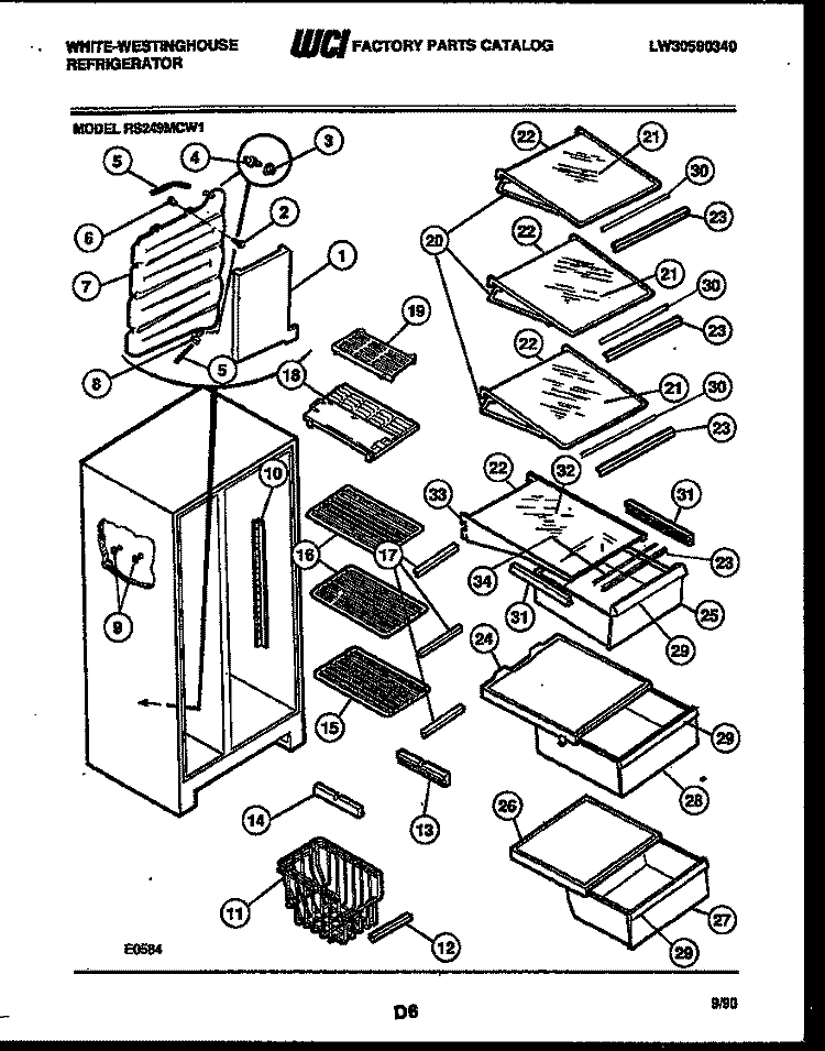 SHELVES AND SUPPORTS Diagram and Parts List for RS249MCD1  Frigidaire Refrigerator