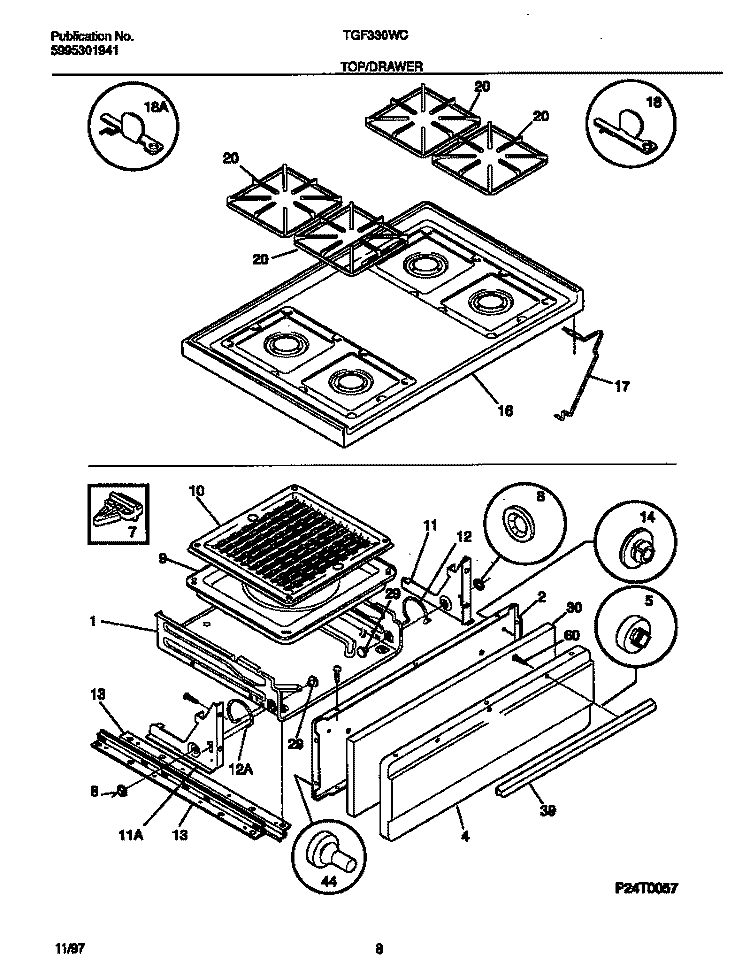 TOP / DRAWER Diagram and Parts List for TGF330WCDE  Tappan Range