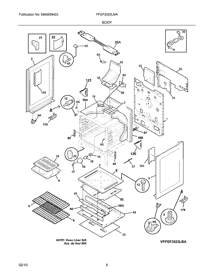BODY Diagram and Parts List for FFGF3023LMA  Frigidaire Range