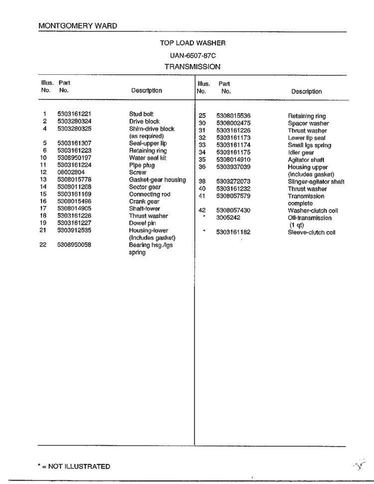 Transmission Page 2 Diagram and Parts List for 6507-87C  Frigidaire Washer