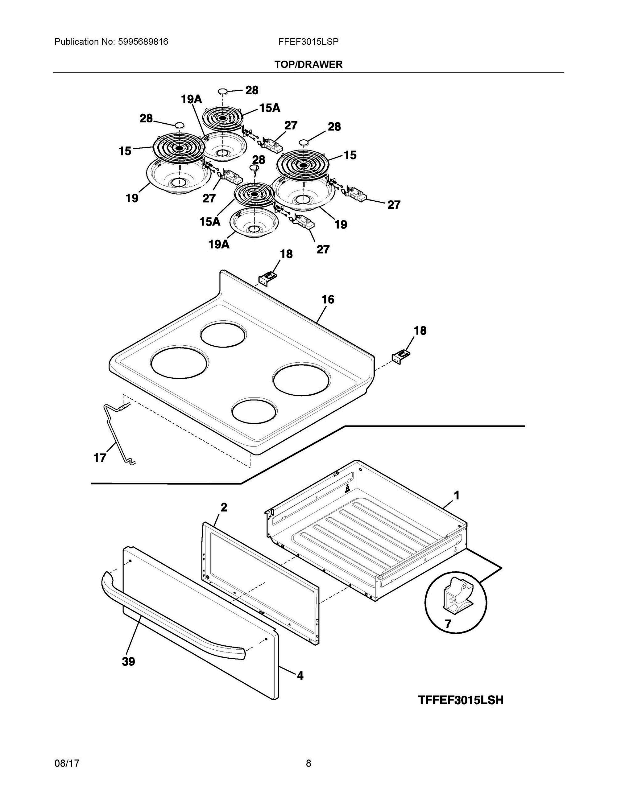 04 - TOP/DRAWER Diagram and Parts List for FFEF3015LSP  Frigidaire Range