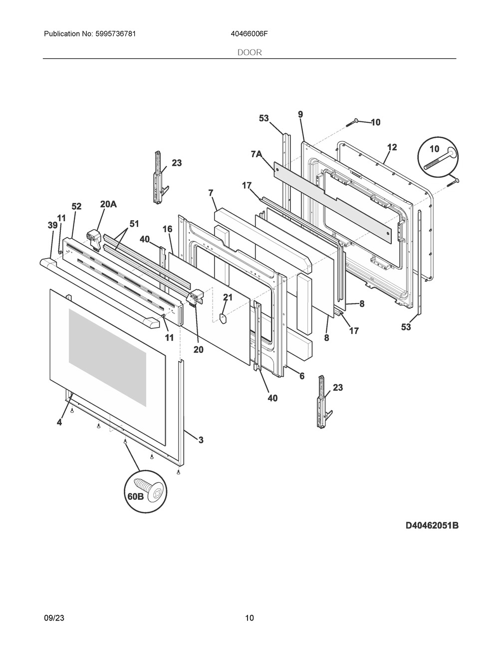 Door Diagram and Parts List for 40466006F  Frigidaire Range
