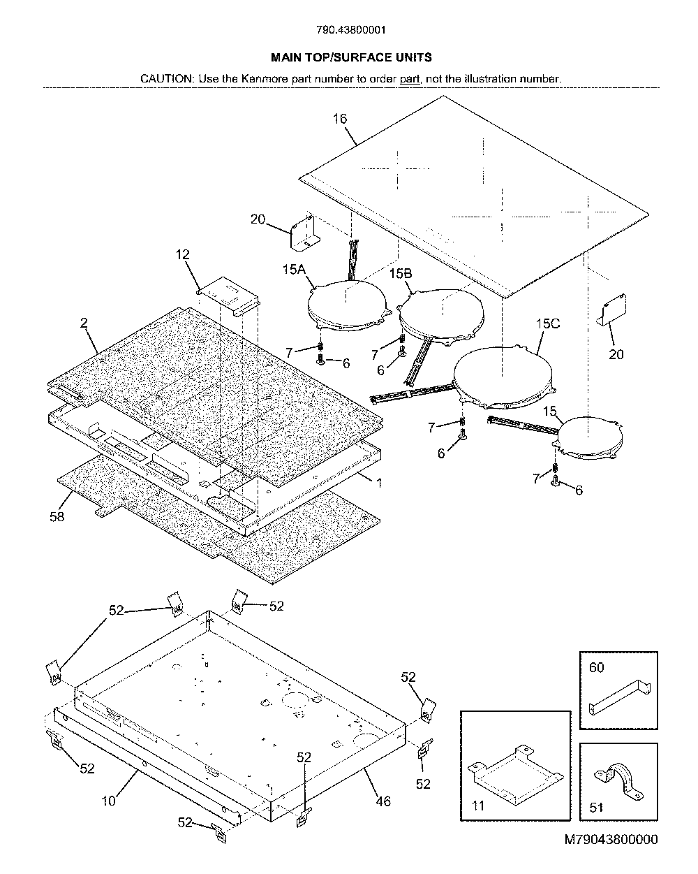 Main top/surface units Diagram and Parts List for 79043800001  Kenmore Cooktop