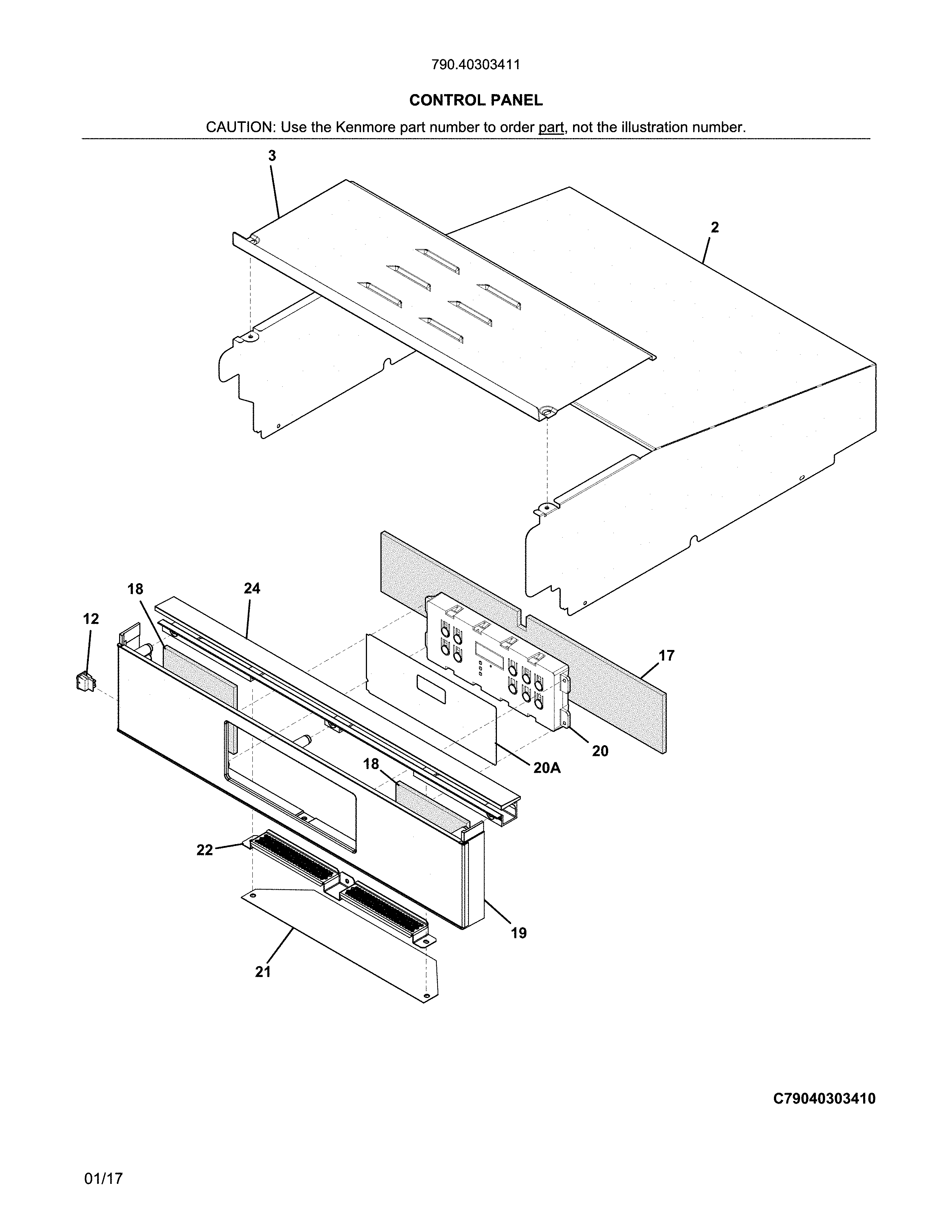 Control Panel Diagram and Parts List for 79040303411  Kenmore Wall Oven