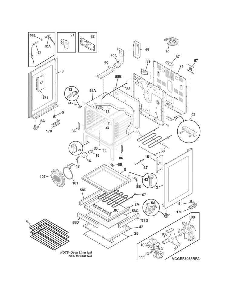 Body Diagram and Parts List for CGEF3058RWA  Frigidaire Range