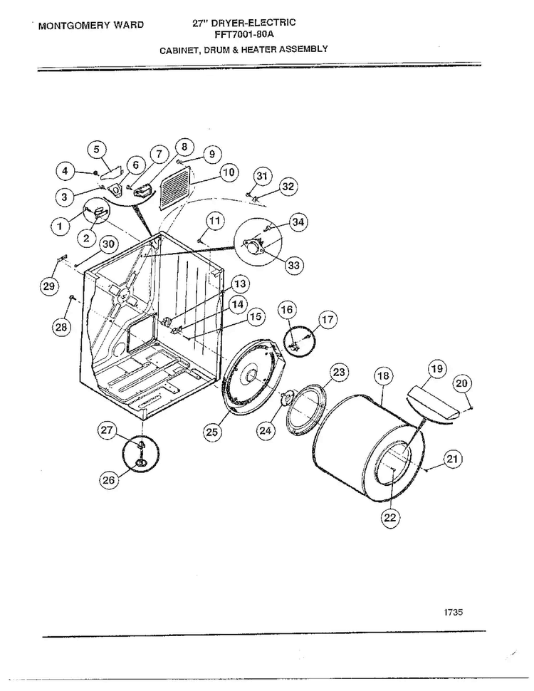 Cabinet/drum And Heater Assembly Diagram and Parts List for 7001-80A  Frigidaire Dryer