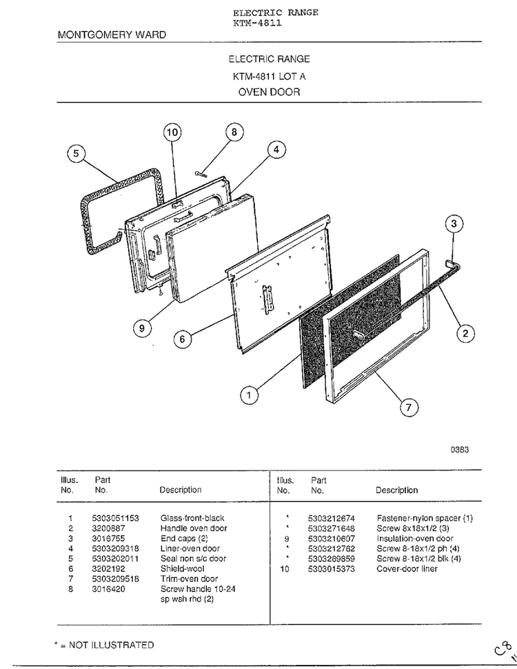 Oven Door Diagram and Parts List for 4811  Frigidaire Range