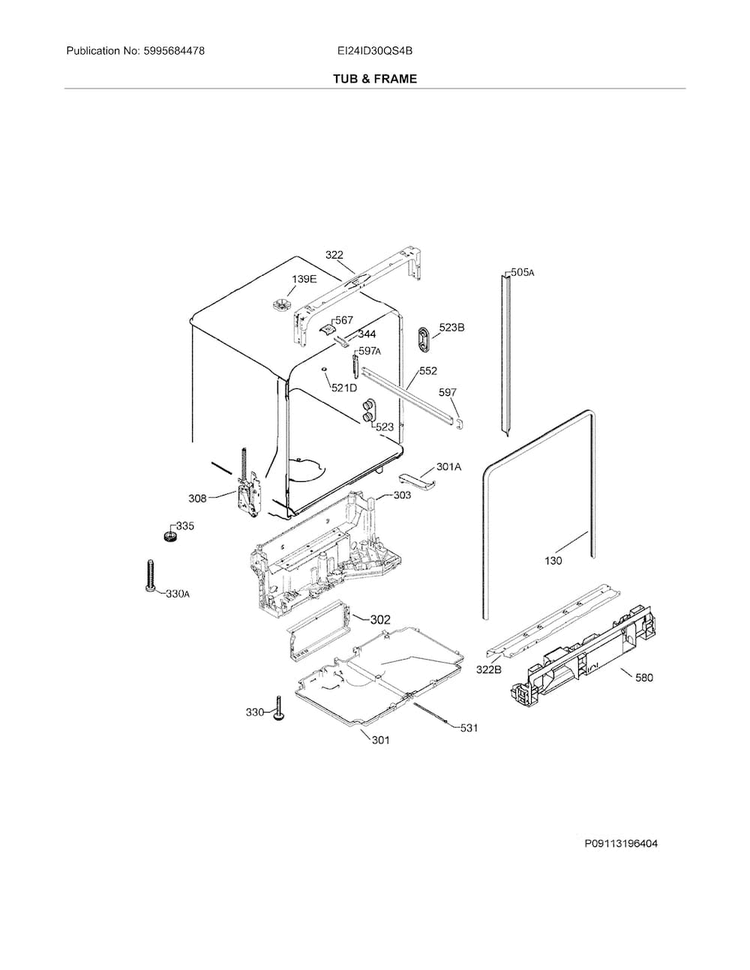 Tub & Frame Diagram and Parts List for EI24ID30QS4B  Electrolux Dishwasher