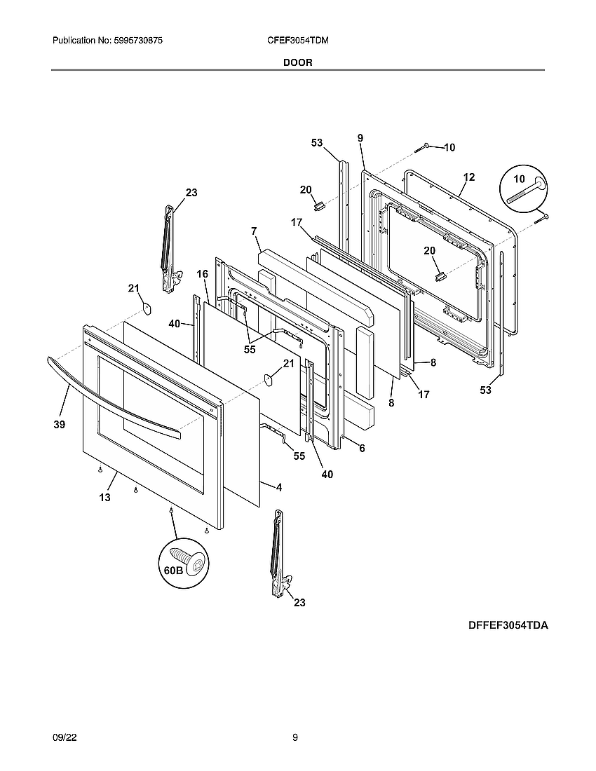 Top/Drawer Diagram and Parts List for CFEF3054TDM  Frigidaire Range
