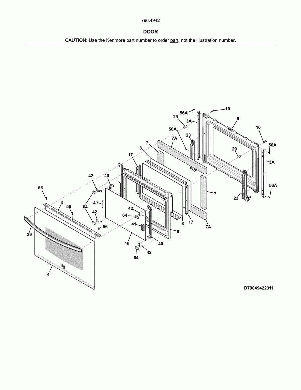 Door Diagram and Parts List for 79049429315  Kenmore Wall Oven