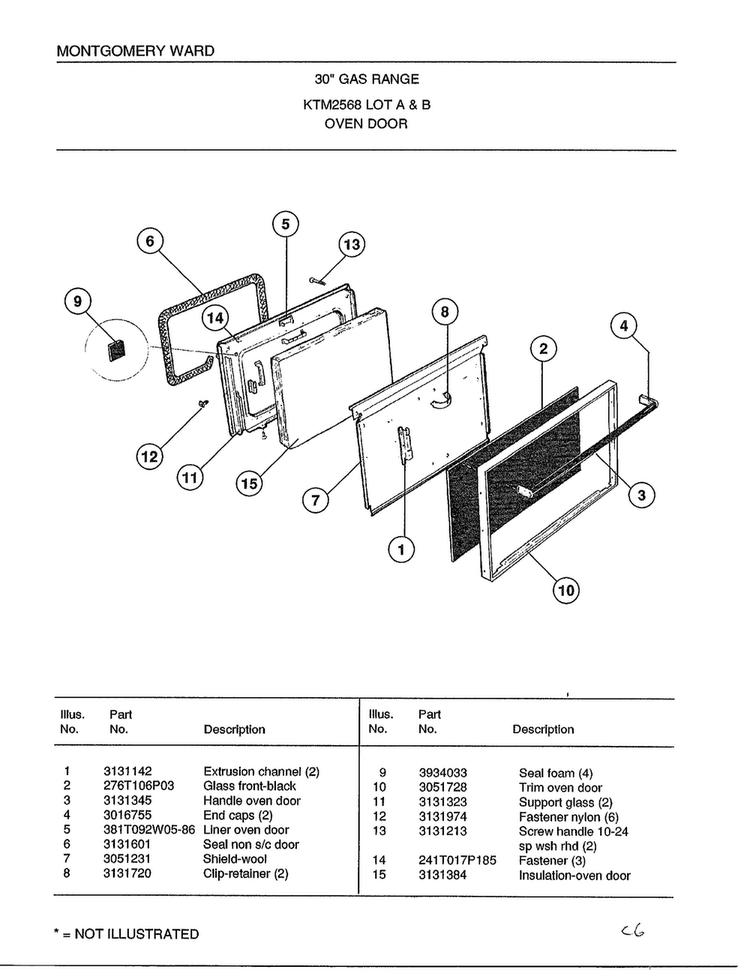 30" Gas Range/ Oven Door Diagram and Parts List for 2568A  Frigidaire Range