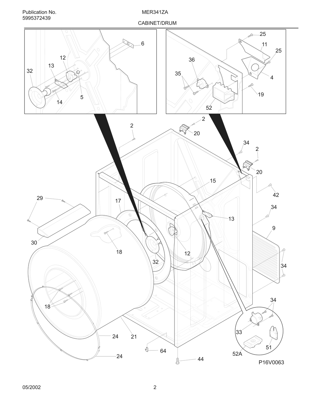 Cabinet/Drum Diagram and Parts List for MER341ZAQ1  Frigidaire Dryer