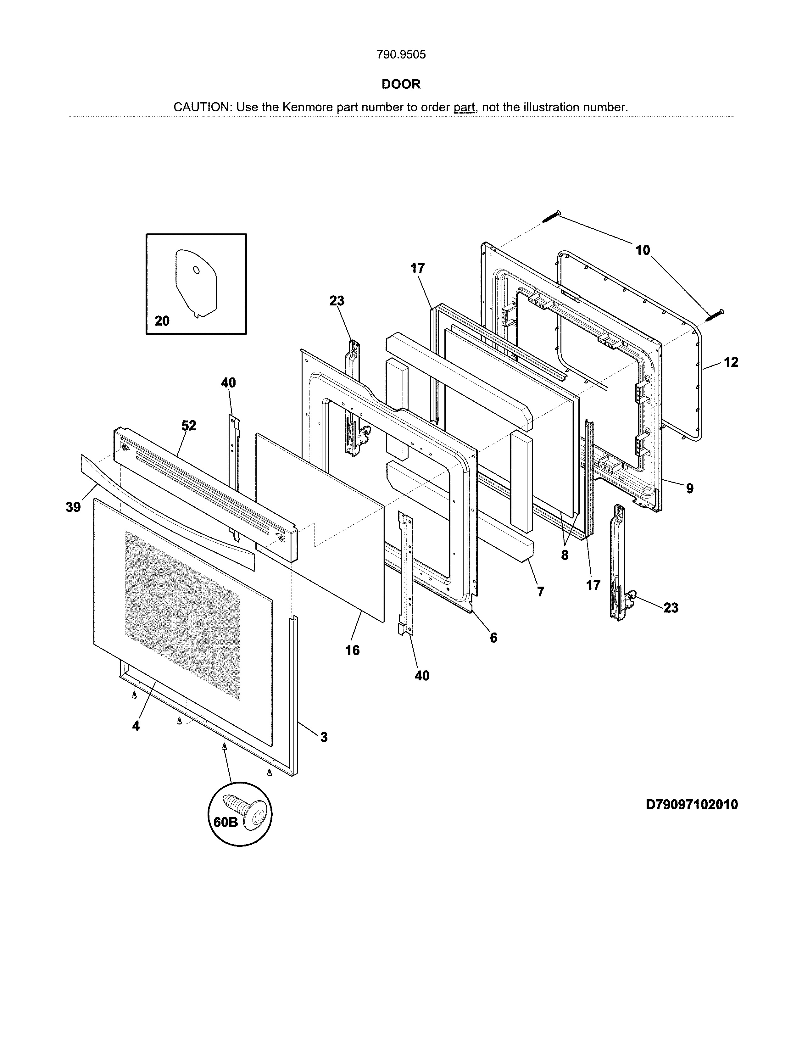 Door Diagram and Parts List for 79095059312  Kenmore Range