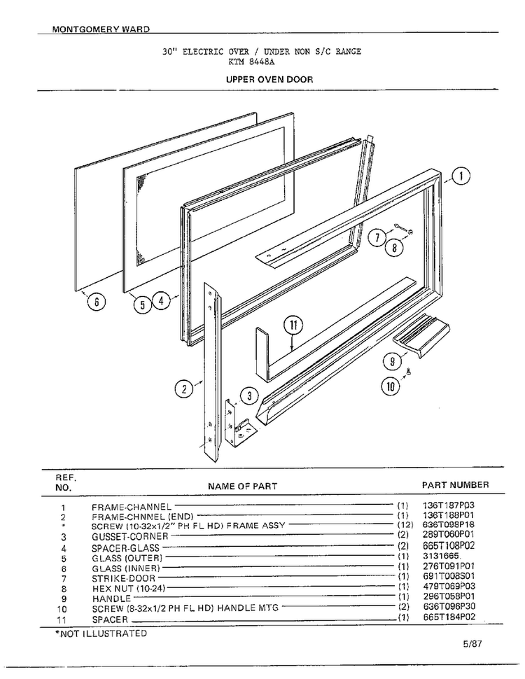 Upper Oven Door Diagram and Parts List for 8448A  Frigidaire Range