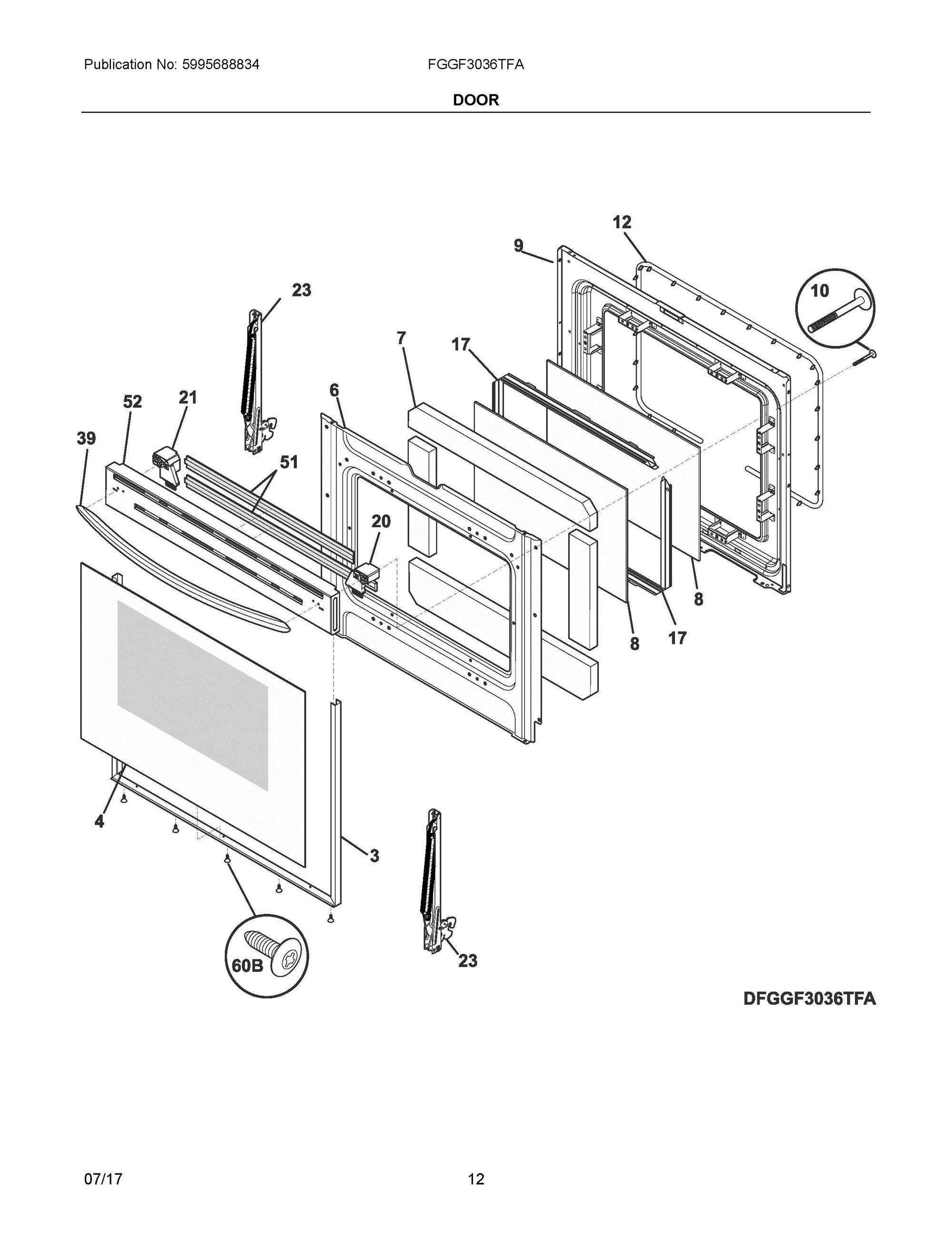 06 - DOOR Diagram and Parts List for FGGF3036TFA  Frigidaire Range