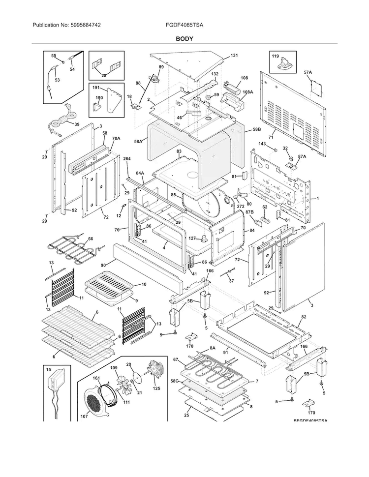 Body Diagram and Parts List for FGDF4085TSA  Frigidaire Range