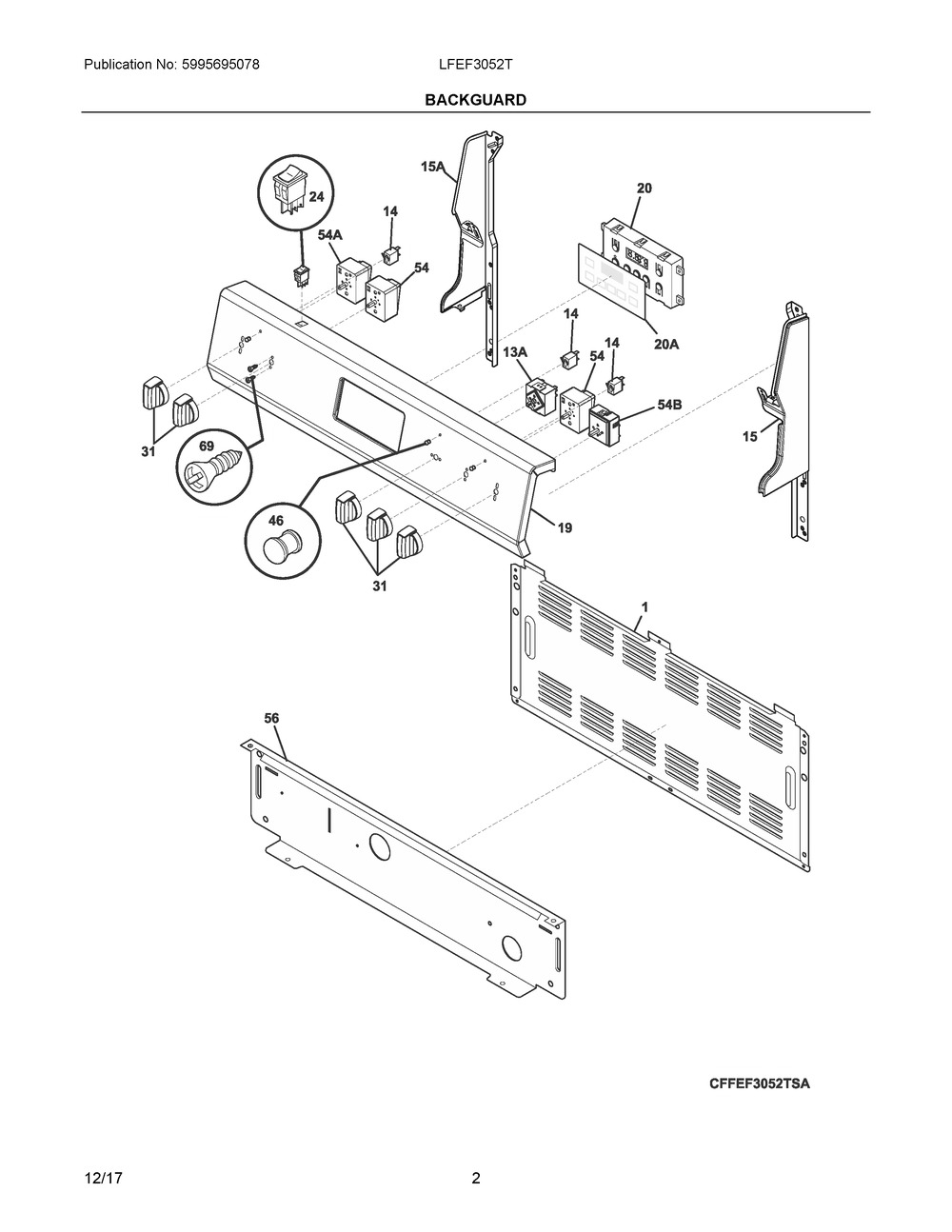 Backguard Diagram and Parts List for LFEF3052TFC  Frigidaire Range